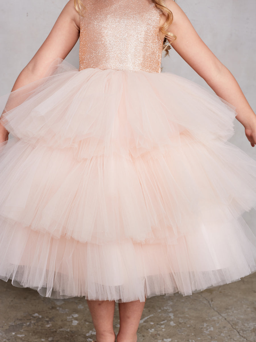 Rose Gold_2 Girl Dress with Metallic Glitter Bodice Tulle Skirt Dress - AS5790