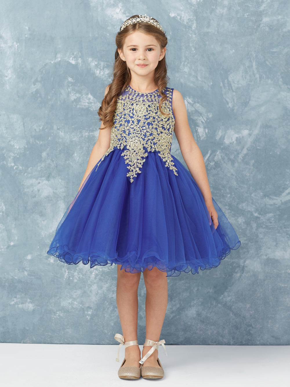 Royal Blue Girl Dress with Floral Applique Bodice - AS7013