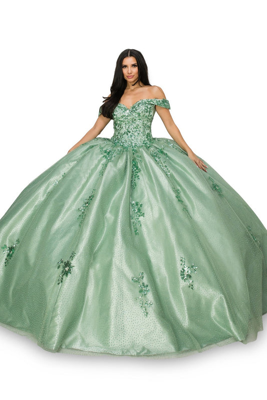 Sage Off Shoulder Floral Applique Quinceanera Dress AS8060J