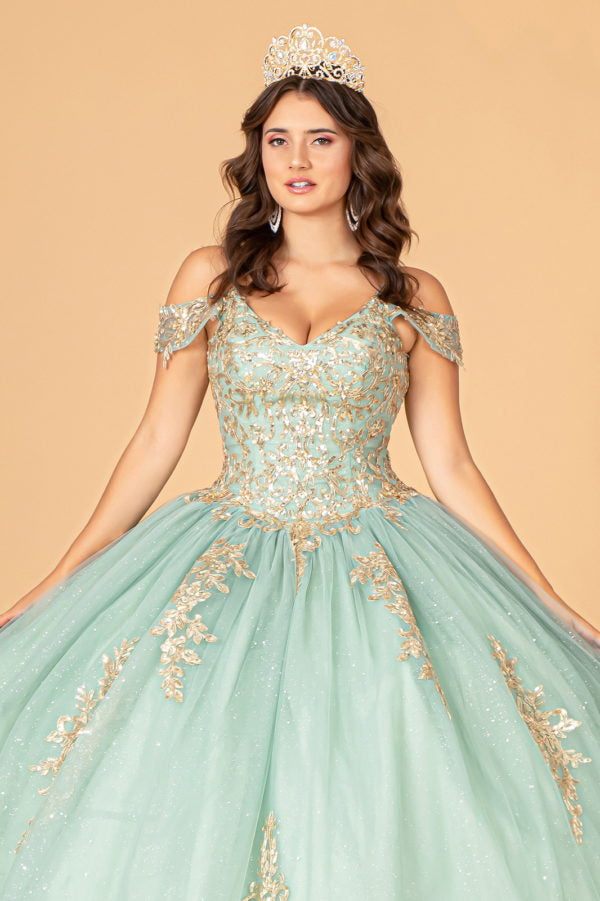 Sage_2 Elizabeth K - GL3100 - Embroidered Cut-Away Shoulder Quinceanera Dress