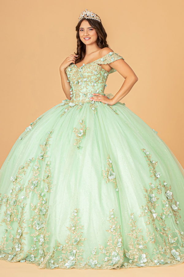 Sage_2 GL3102 - Flower Applique Sweetheart Neckline Quinceanera Dress