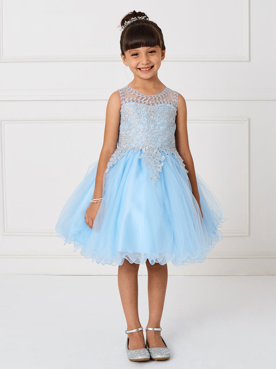 Sky Blue Girl Dress with Floral Applique Bodice - AS7013