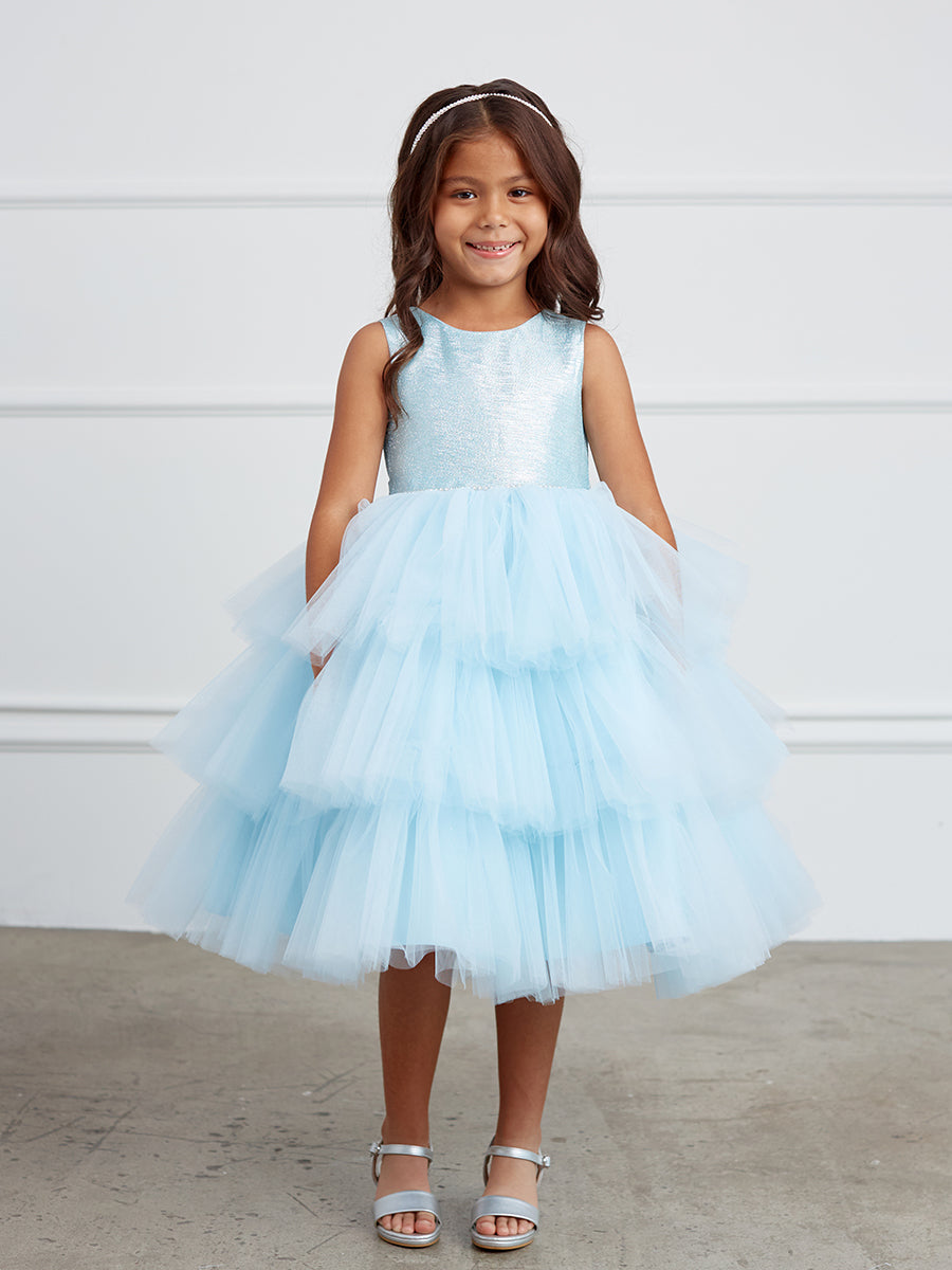 Sky Blue Girl Dress with Metallic Glitter Bodice Tulle Skirt Dress - AS5790