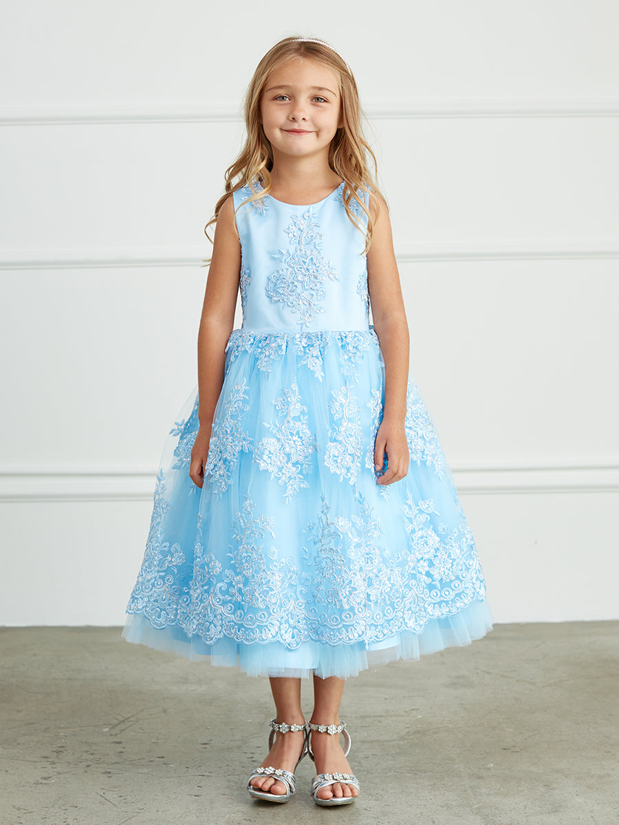 Sky Blue Girl Dress with Metallic Lace Embroidery Tulle Skirt Dress - AS5816