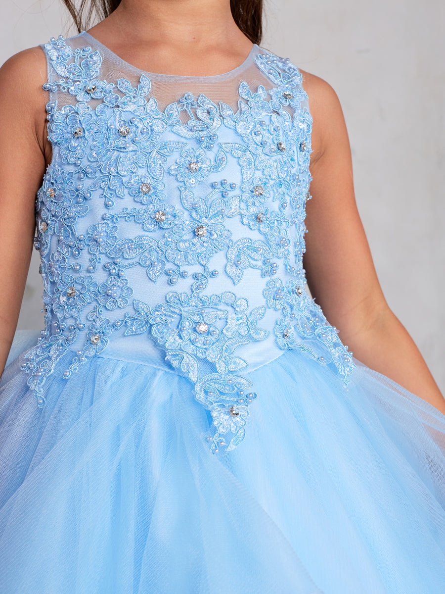 Sky Blue_3 Girl Dress with Sleeveless Illusion Neckline Pageant Dress - AS7018