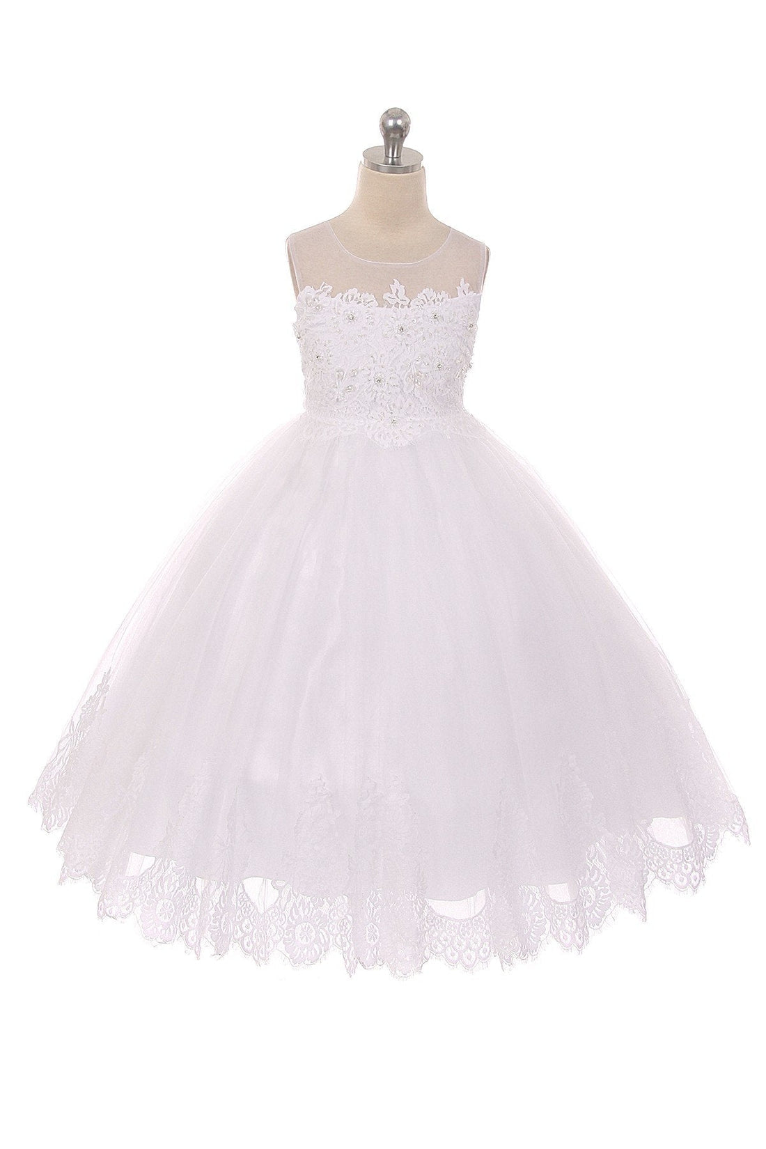 White Girl Dress - Lace Applique Illusion Bateau Dress - AS7007 Kids Dream