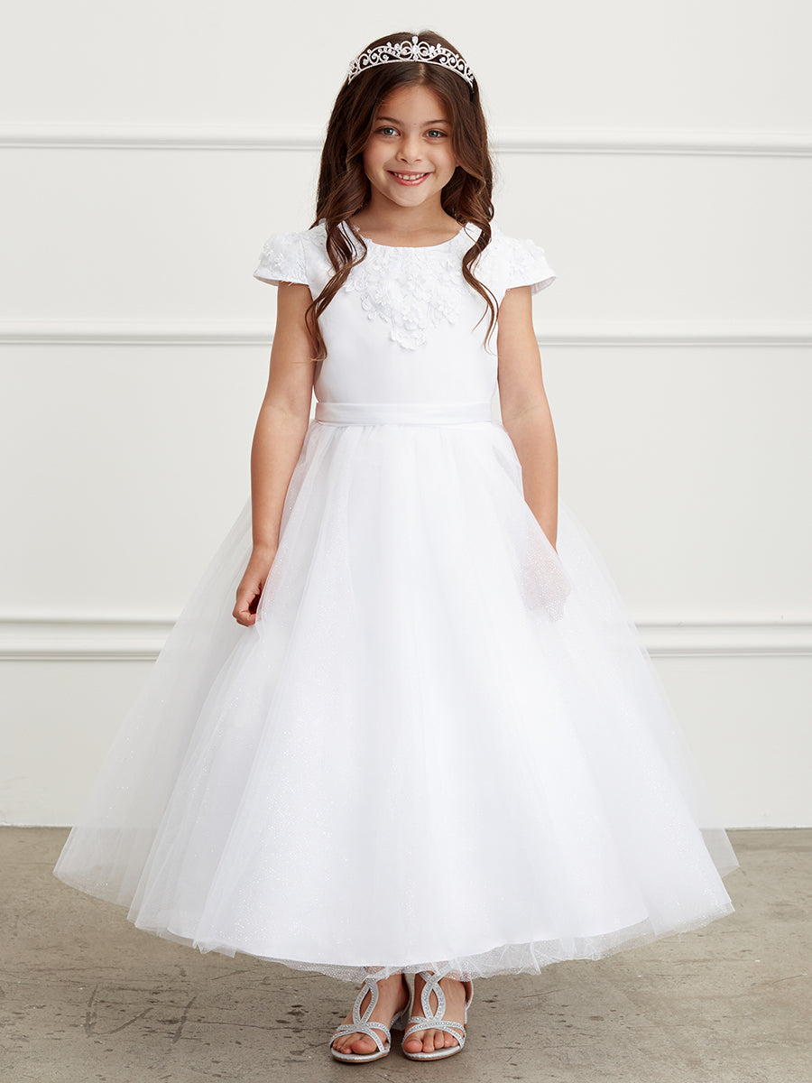 White Girl Dress with 3D Flower on Neckline Dress - AS5823