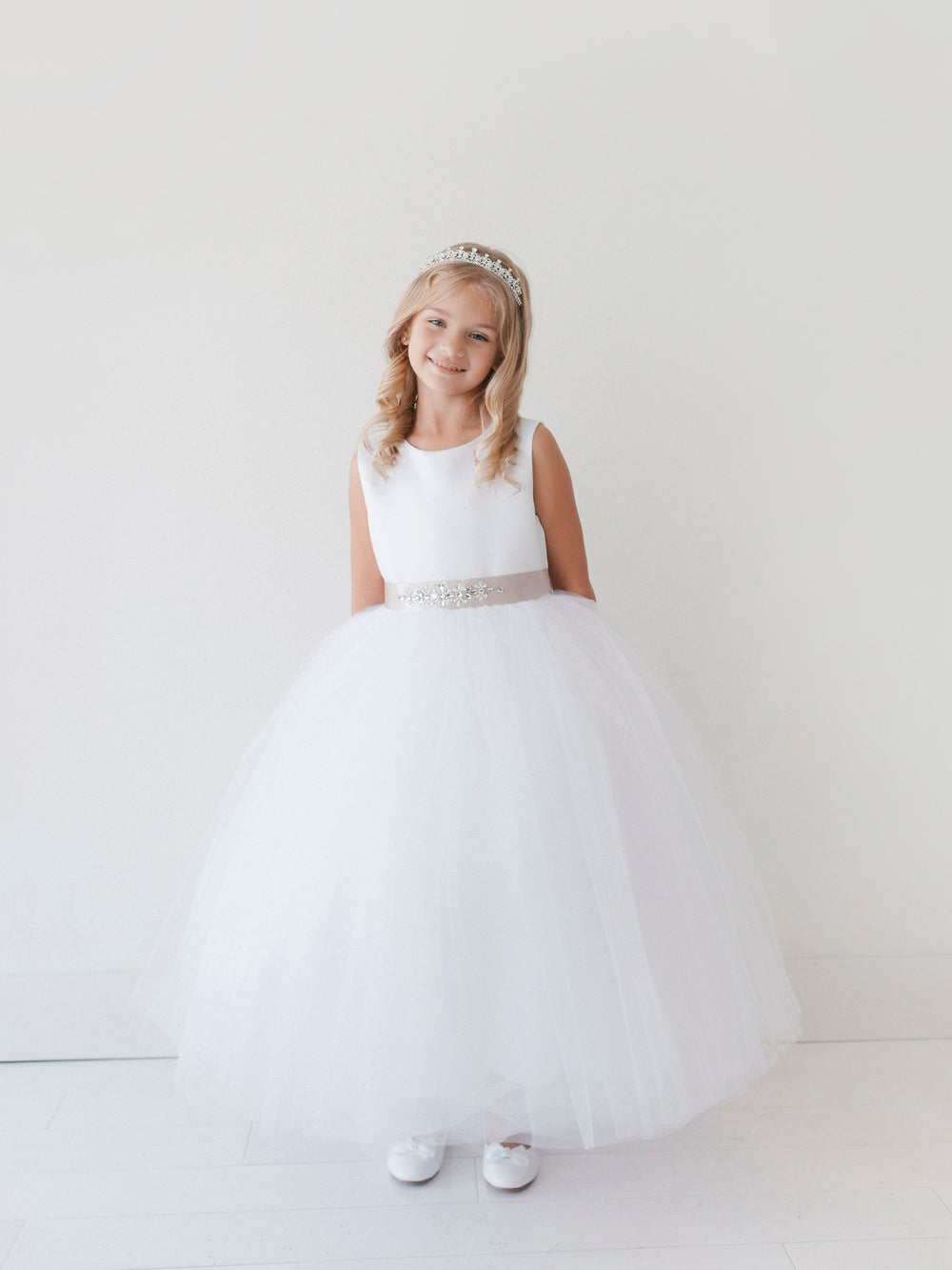 White Girl Dress with Satin Bodice and Tulle Skirt Dress - AS5700