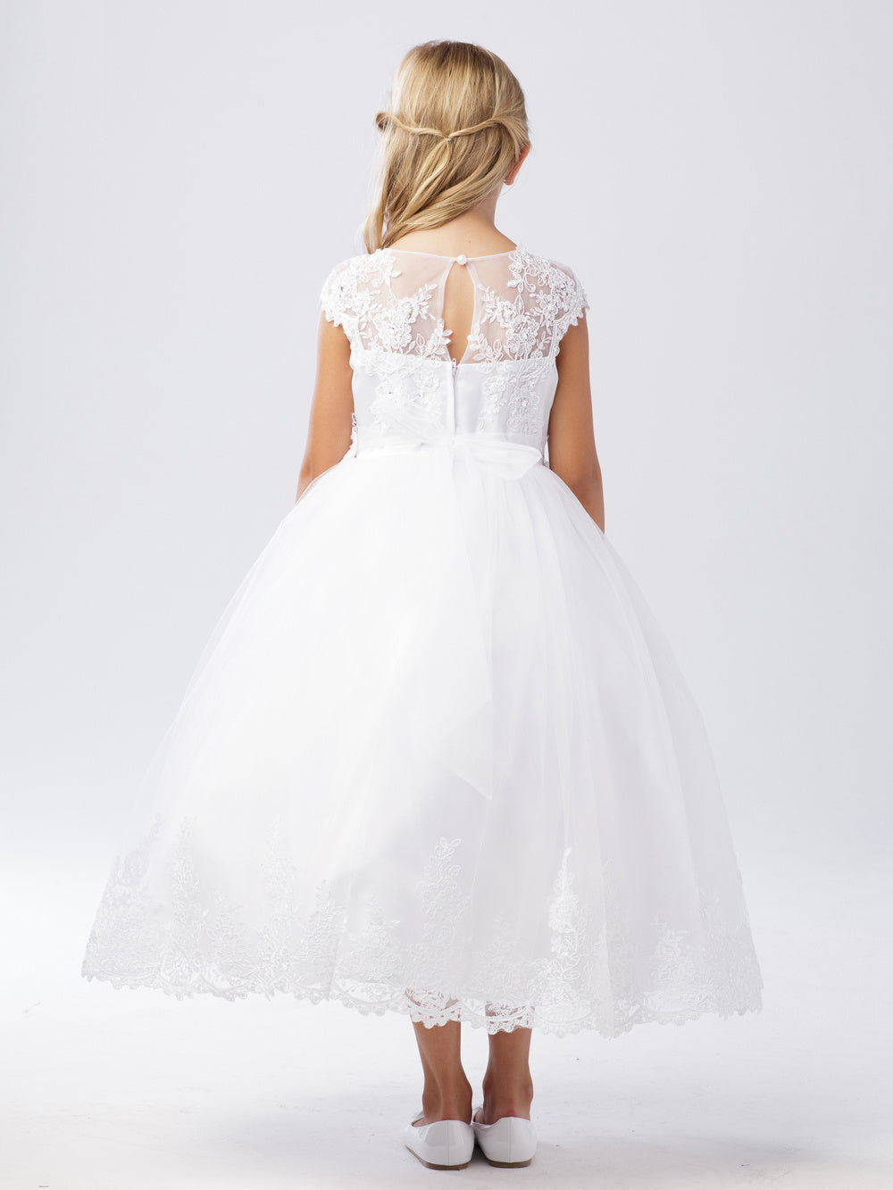 White_1 Girl Dress with Illusion Neckline Bodice - AS5730