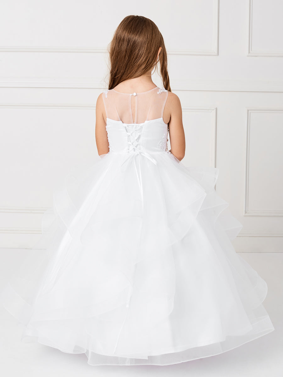 White_1 Girl Dress with Sleeveless Illusion Neckline Pageant Dress - AS7018