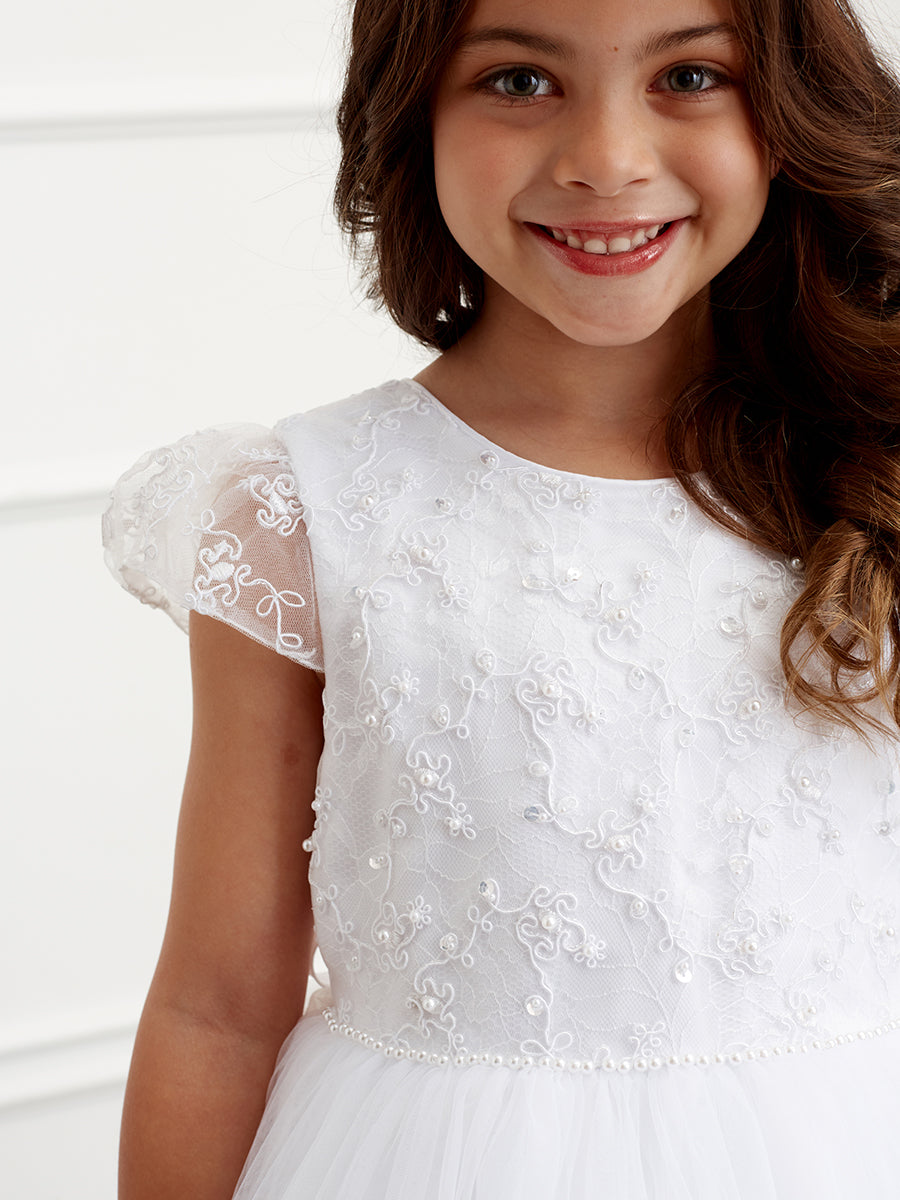 White_2 Girl Dress with Cap Sleeved Lace Bodice Dress - AS5831