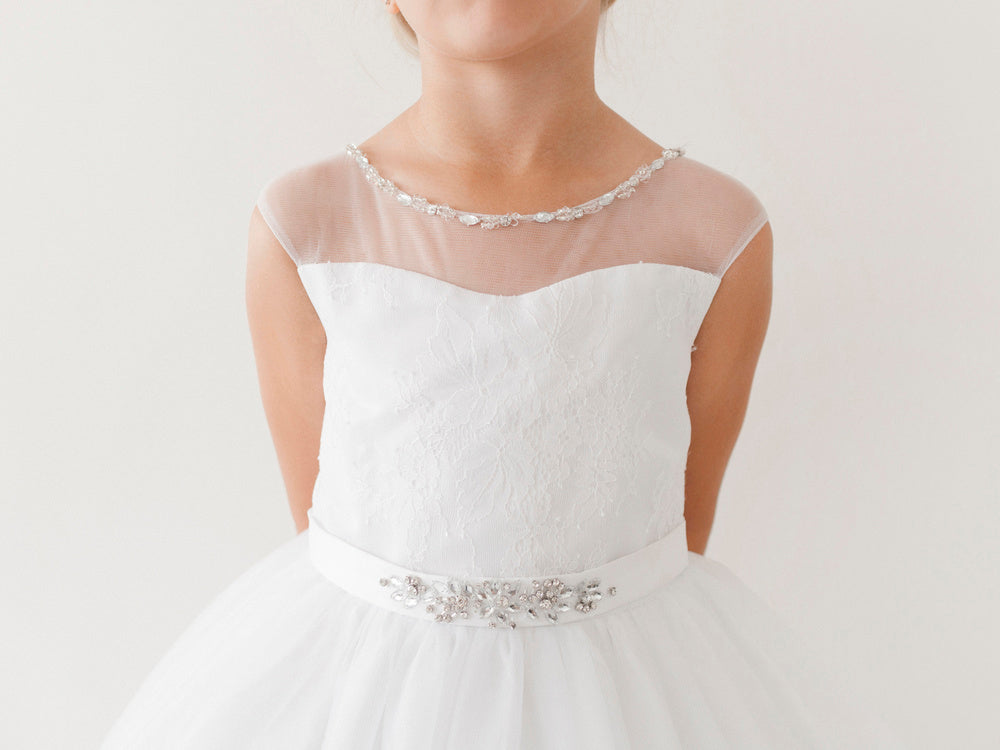 White_4 Girl Dress with Illusion Neckline Dress - AS5712