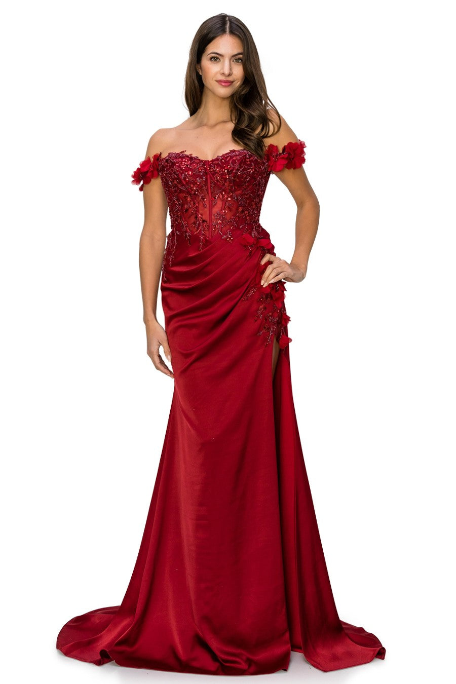 Wine Floral Off The Shoulder Gown AS8050J - Special Occasion-Curves