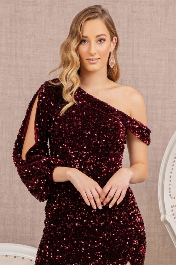 Wine_2 Sequin Asymmetric Velvet Mermaid Dress - GL3159 - Special Occasion-Curves