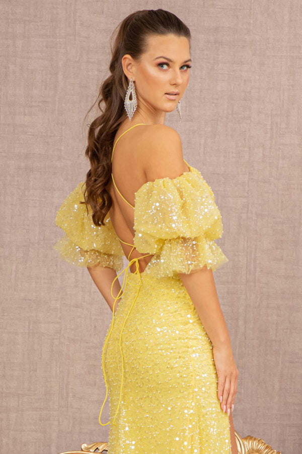 Yellow_3 Mesh Puff Sleeves Mermaid Women Formal Dress - GL3155 - Special Occasion-Curves