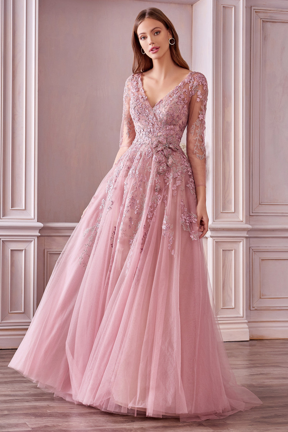 Long Sleeve Floral Applique Tulle A-line Princess Gown A0988 - Andrea & Leo Couture - Special Occasion