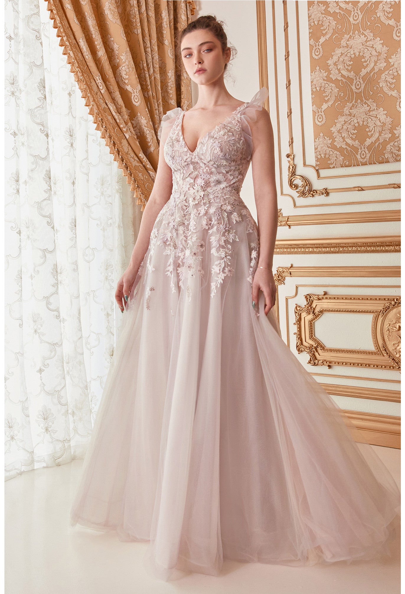 Flutter Tulle Sleeve Floral A-Line Gown by Andrea & Leo Couture A1018 Lennox - Special Occasion