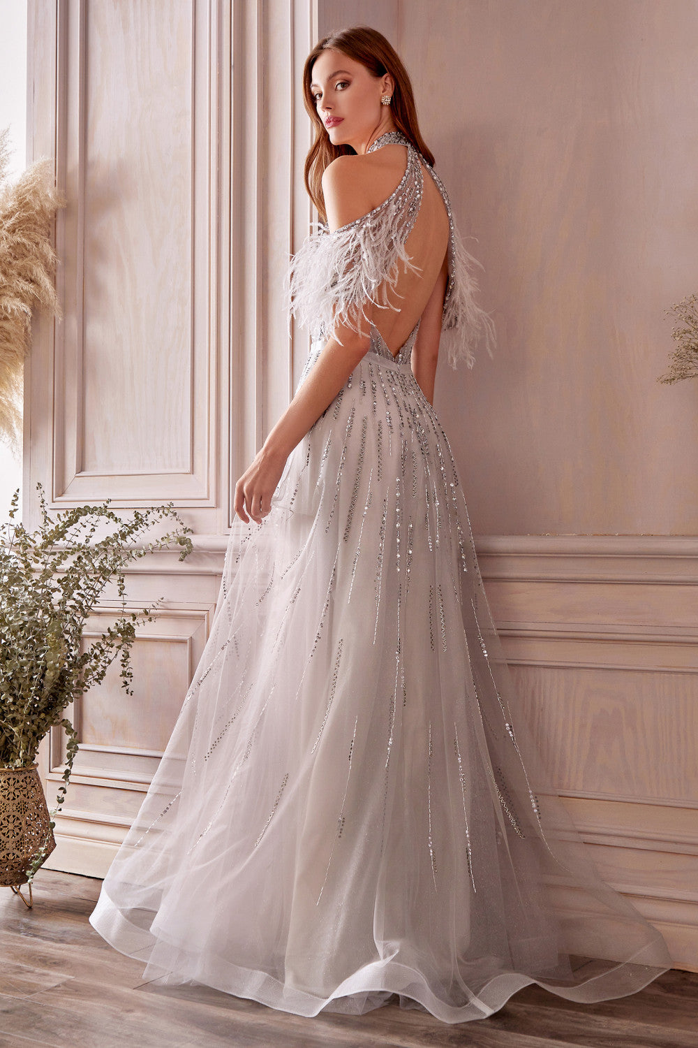 Crystals and Silver Beaded Off the Shoulder Feather A-Line Gown by Andrea & Leo Couture - A1023 -Special Occasion