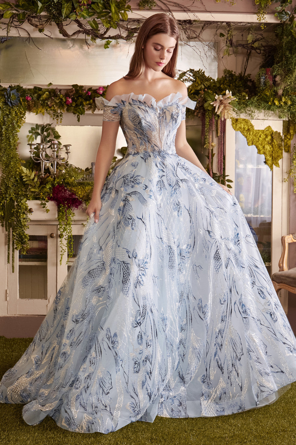 Ruffle Off the Shoulder Glitter Sweetheart Bodice A-Line Ariel Ball Gown by Andrea & Leo Couture  A1059 - Special Occasion