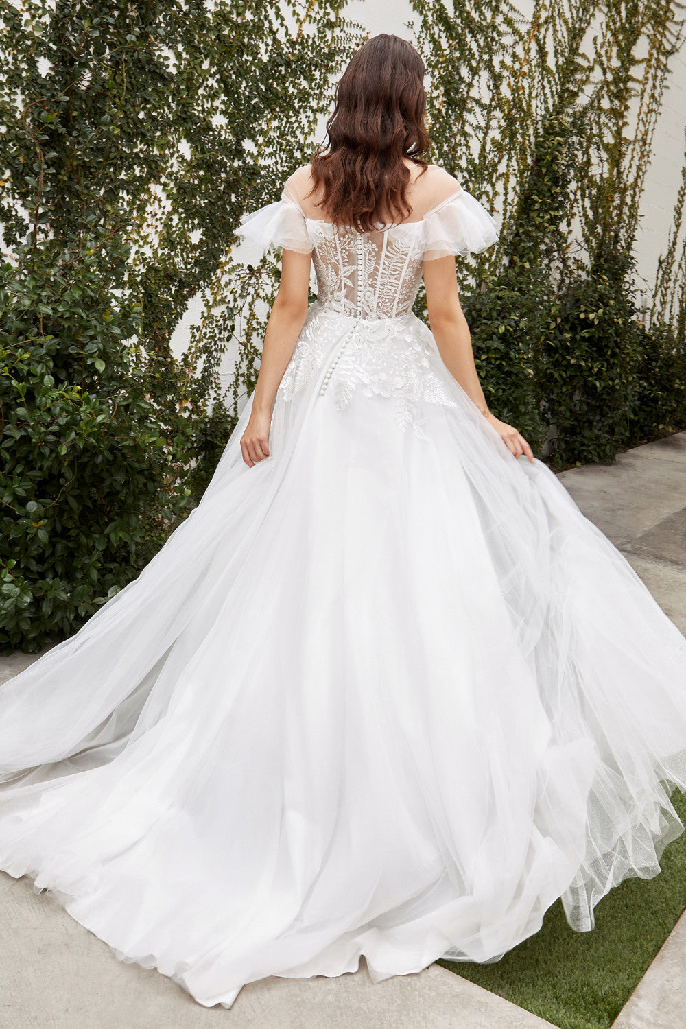 Ruffle Off the Shoulder Floral A-Line Tulle Bridal Gown by Andrea & Leo Couture A1070w Maurelle