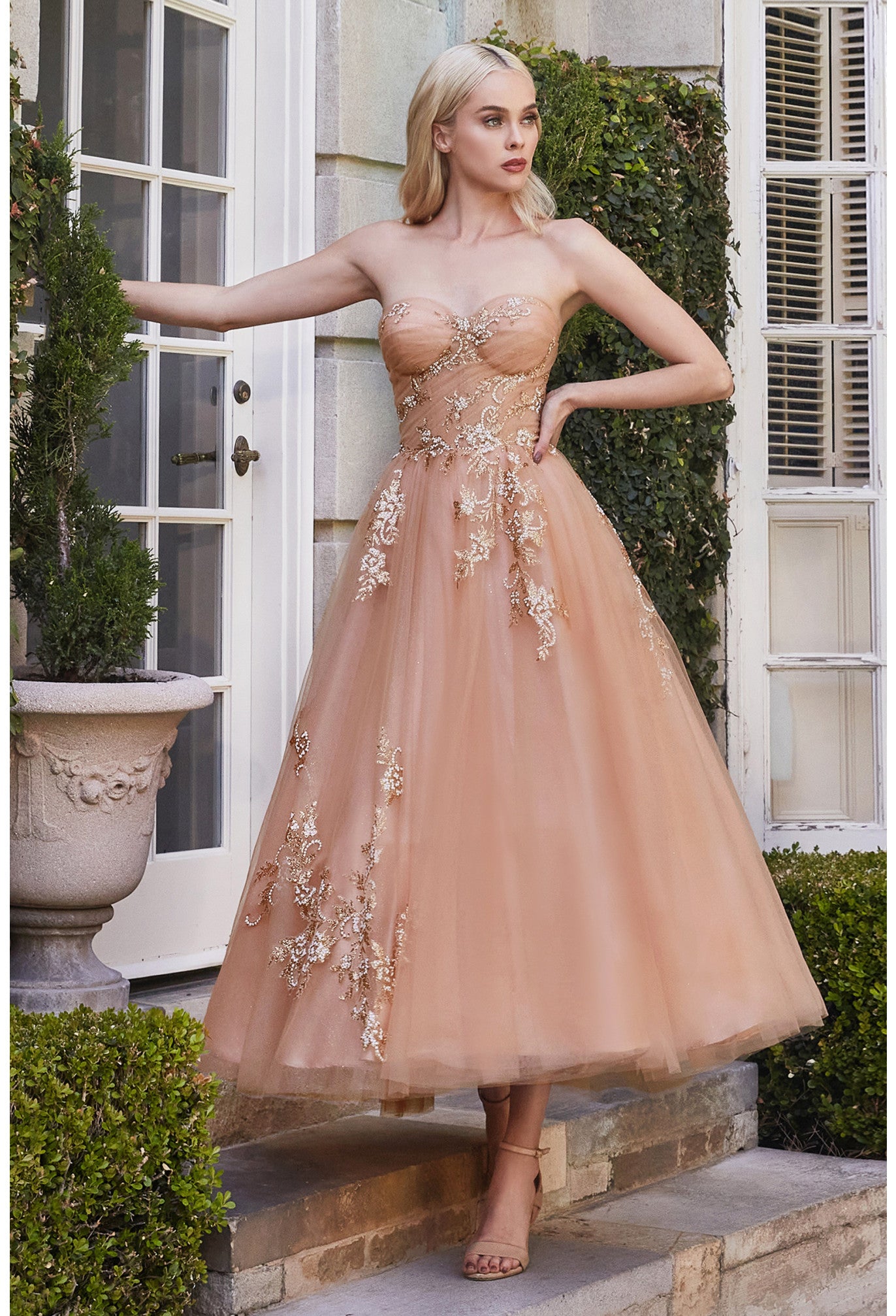 Strapless Floral Sweetheart Bodice Tulle Tea Length Dress By Andrea & Leo Couture - A1114