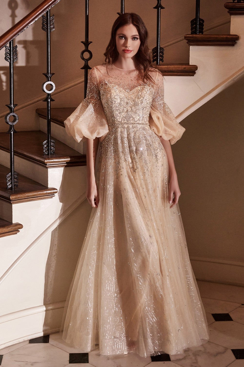 Flounce Sleeve and Rhinestones Champagne Ball Gown by Cinderella Divine B703 - Special Occasion/Curves