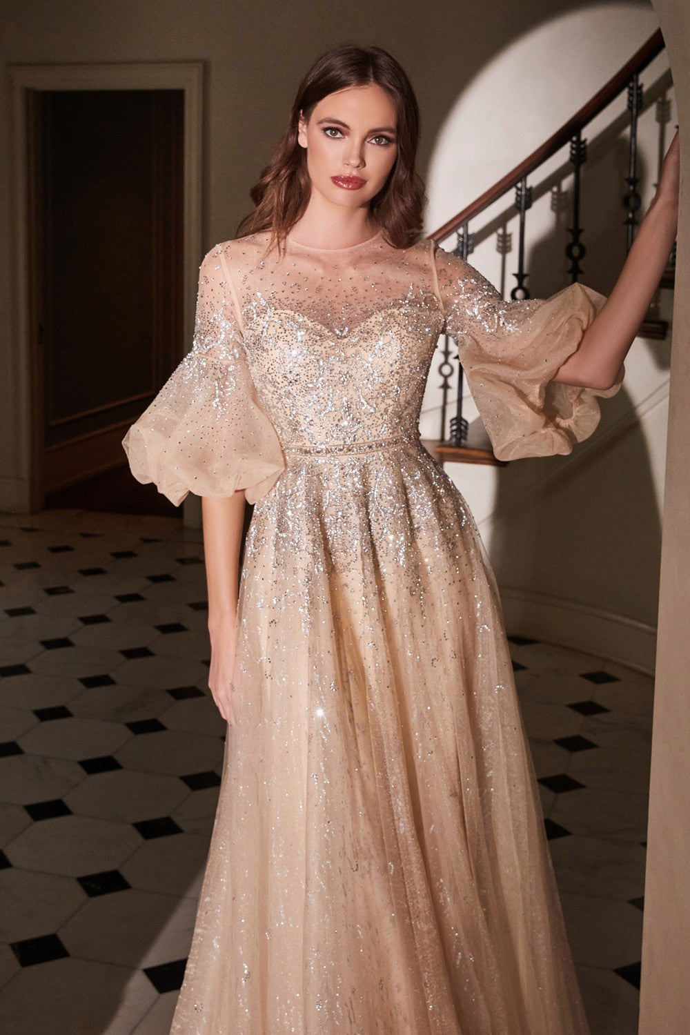 Flounce Sleeve and Rhinestones Champagne Ball Gown by Cinderella Divine B703 - Special Occasion/Curves