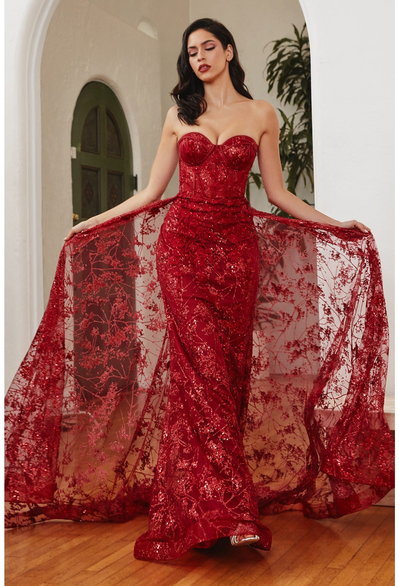 Strapless Fitted Glitter Floral Gown with Overskirt by Ladivine - CB046 - Special Occasion