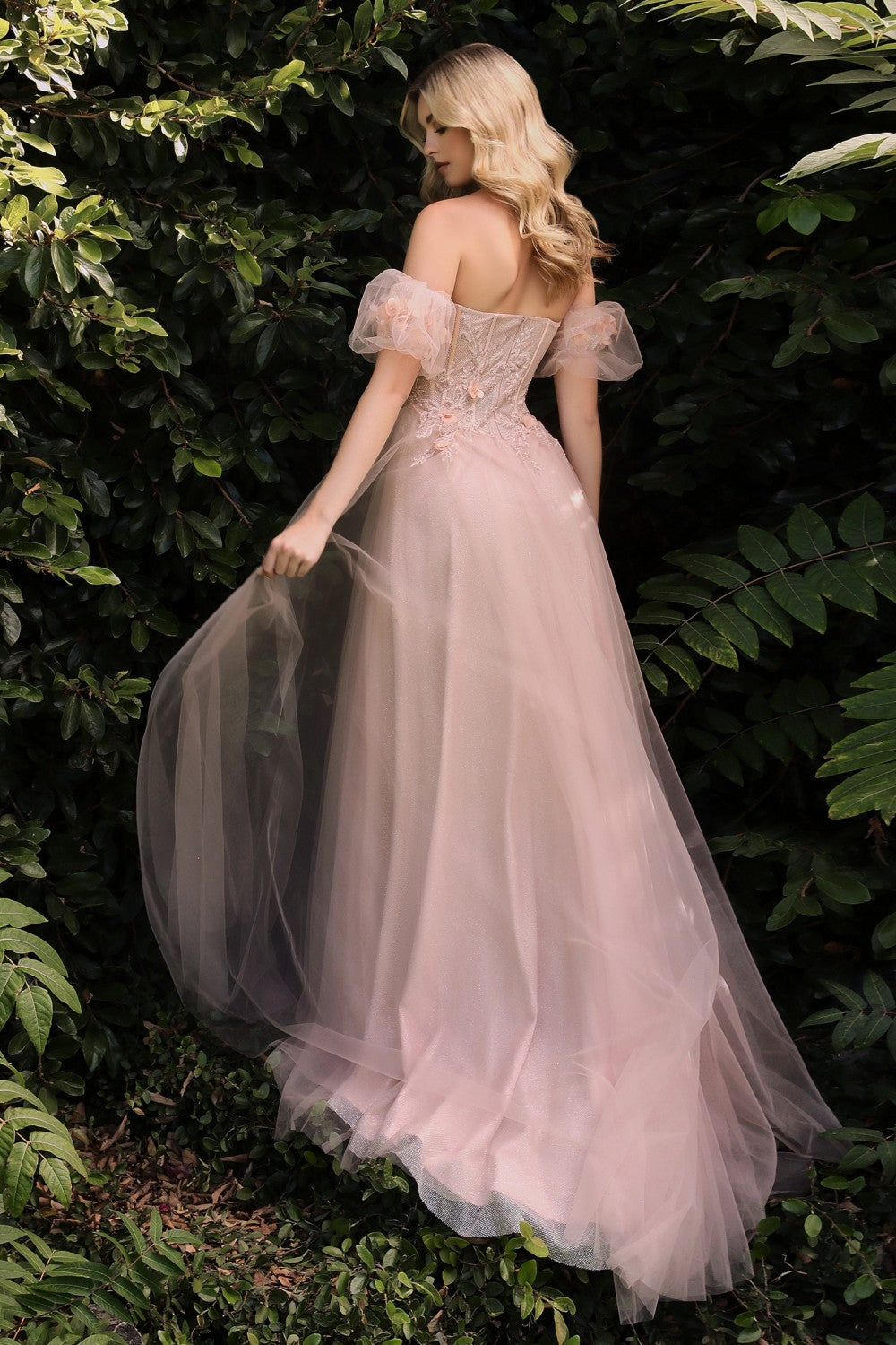 Off The Shoulder Strapless Floral Ballgown with Puff Sleeves by Cinderella Divine CB080 - Special Occasion