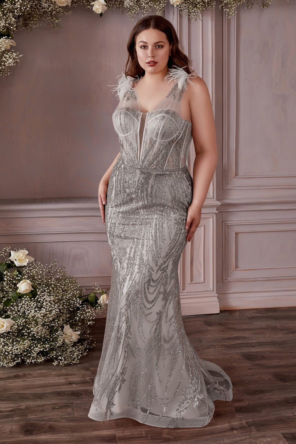 Fitted Glitter Feather Gown by Cinderella Divine CB087C - Curves