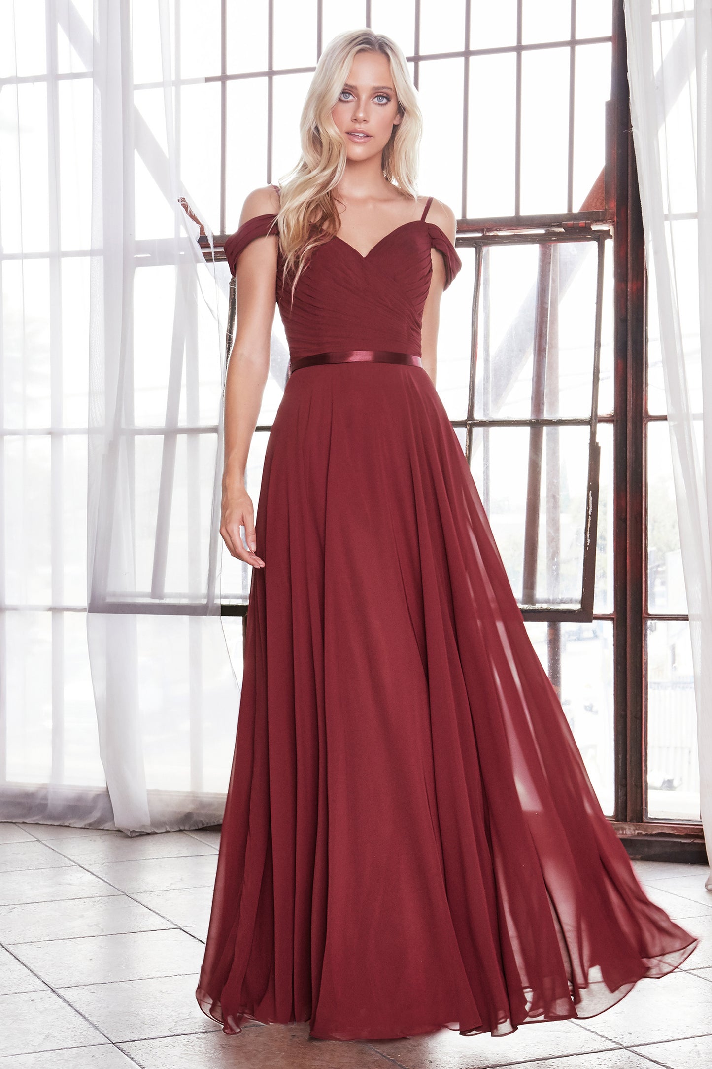 Off the Shoulder A-Line Chiffon Dress by Cinderella Divine CD0156 - Special Occasion/Curves