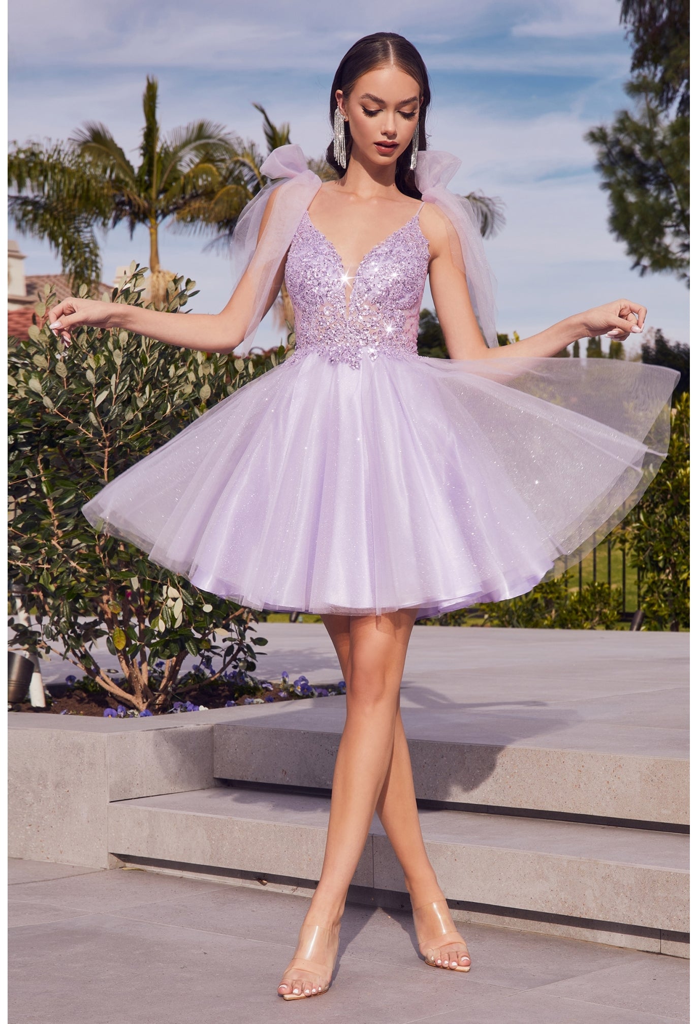 Beaded Lace Tulle A-Line Short Dress with Tulle Bow - Cinderella Divine CD0174