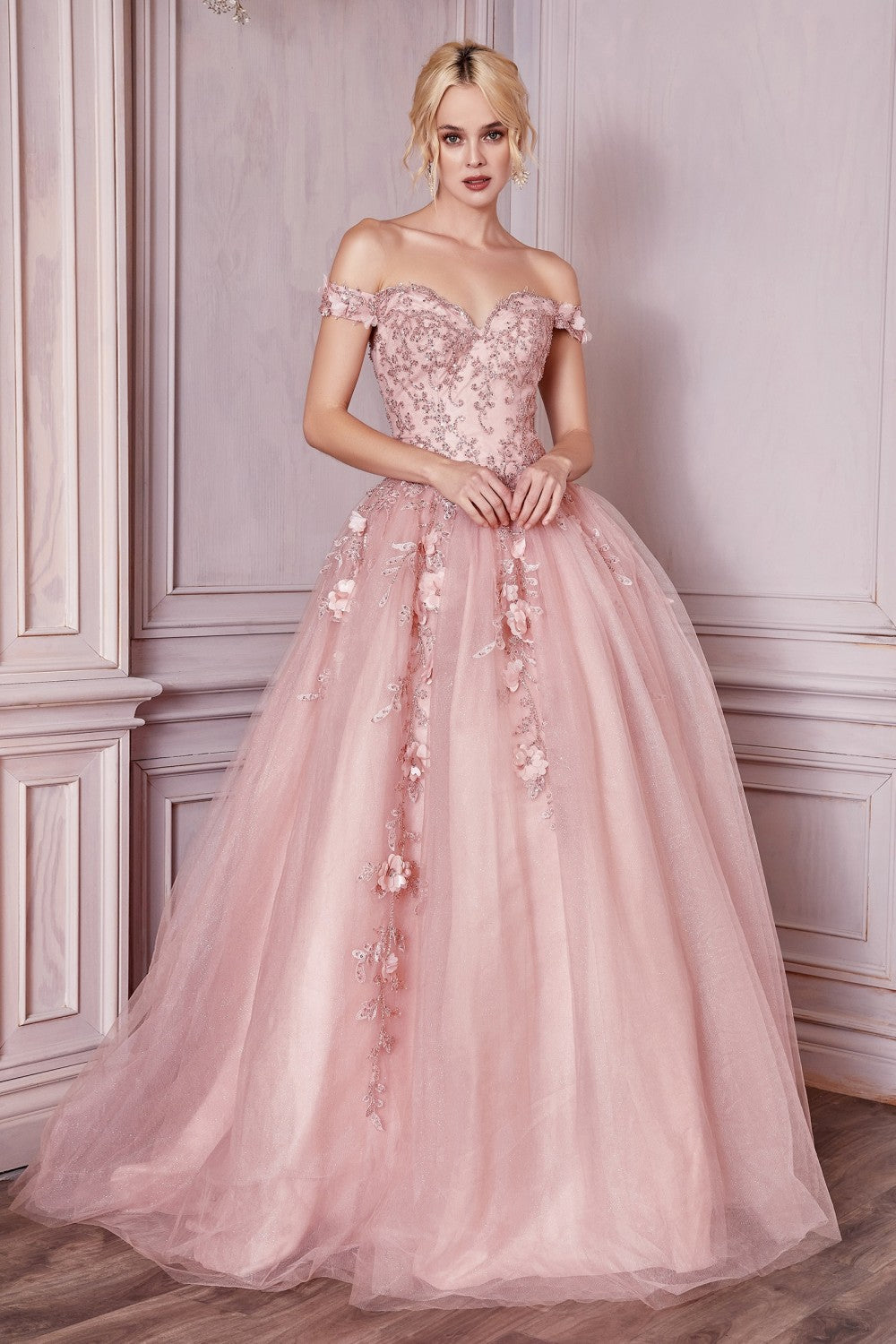 Off The Shoulder Layered Tulle Gown by Cinderella Divine CD0185 - Quinceanera