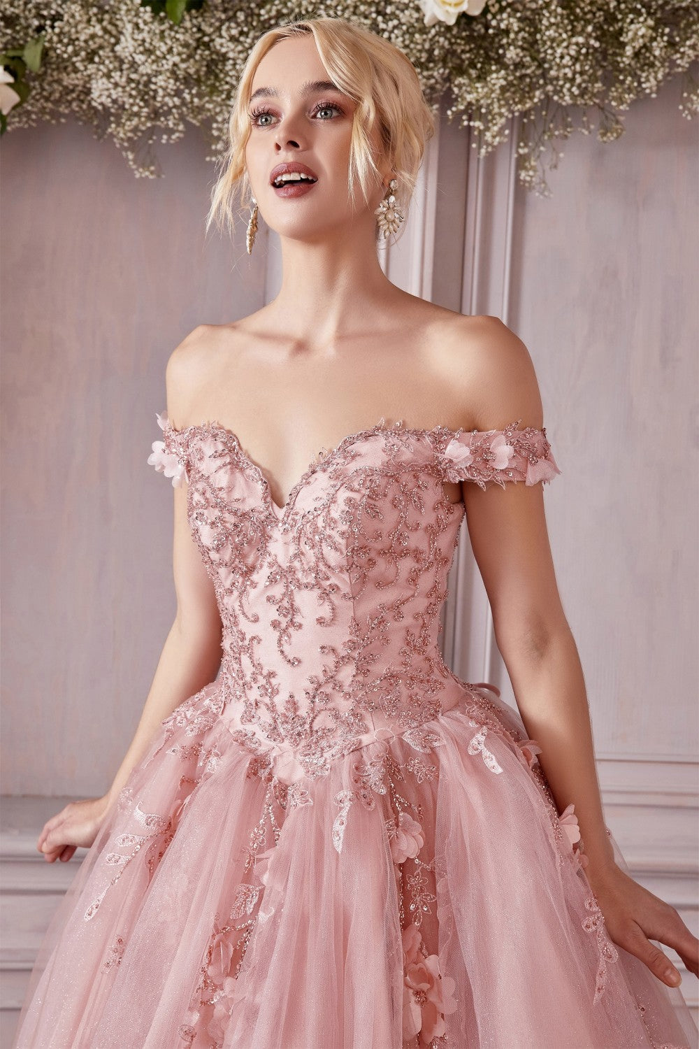 Off The Shoulder Layered Tulle Gown by Cinderella Divine CD0185 - Quinceanera