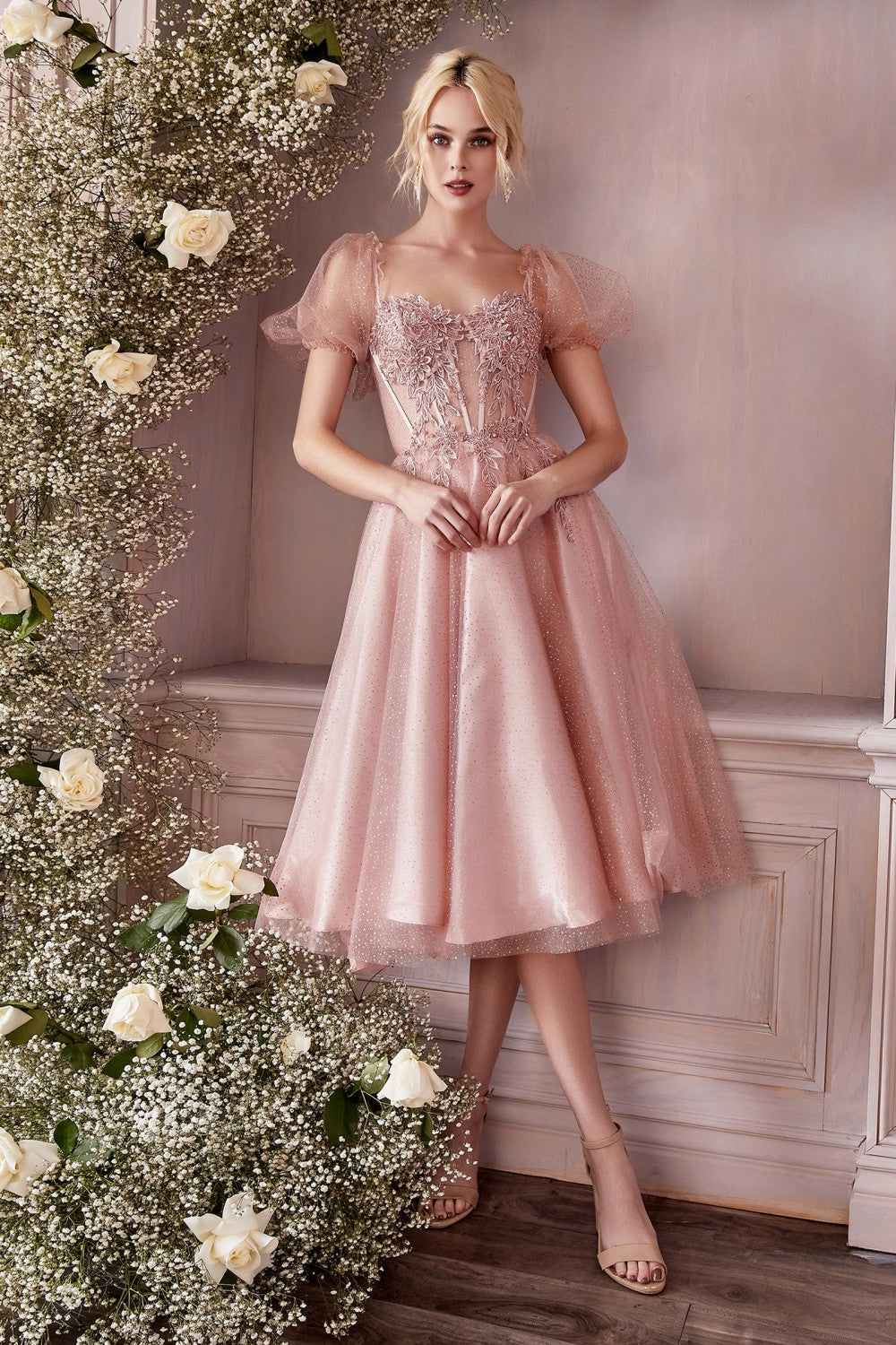 Puff Sleeves Corset Bodice Tea Length Short Tulle Dress by Cinderella Divine-CD0187