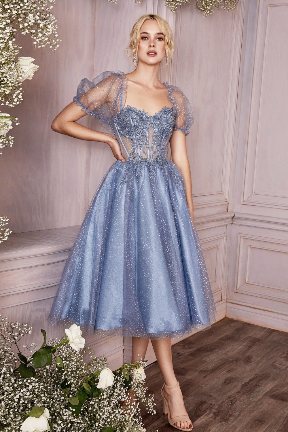 Puff Sleeves Corset Bodice Tea Length Short Tulle Dress by Cinderella Divine-CD0187