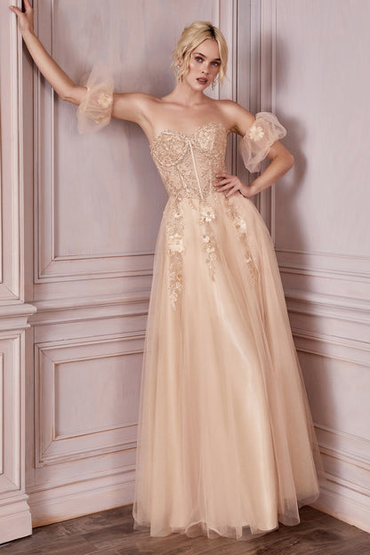 Strapless Corset Layered Tulle Gown with Puff Sleeves by Cinderella Divine CD0191 - Special Occasion