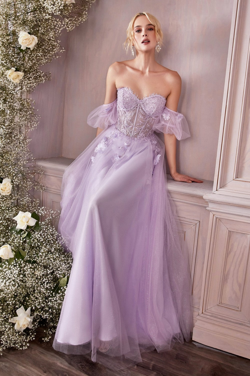 Strapless Corset Layered Tulle Gown with Puff Sleeves by Cinderella Divine CD0191 - Special Occasion