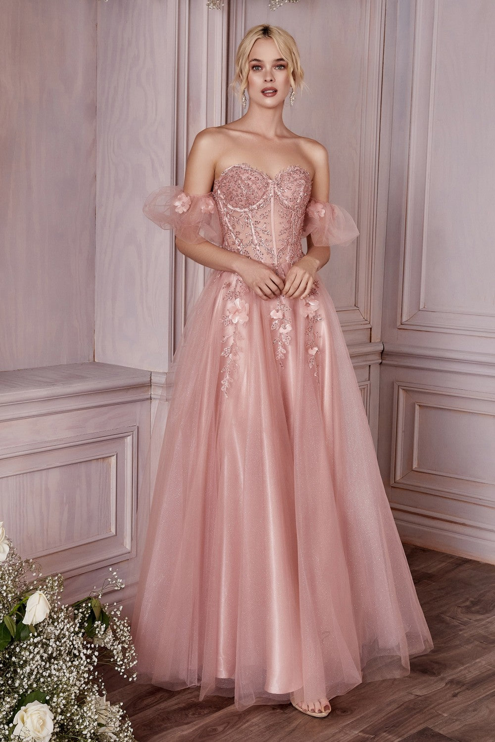 Strapless Corset Layered Tulle Gown with Puff Sleeves by Cinderella Divine CD0191 - Special Occasion