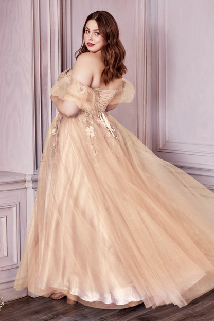 Strapless Glitter Tulle Gown with Puff Sleeve by Cinderella Divine CD0191C- Curves