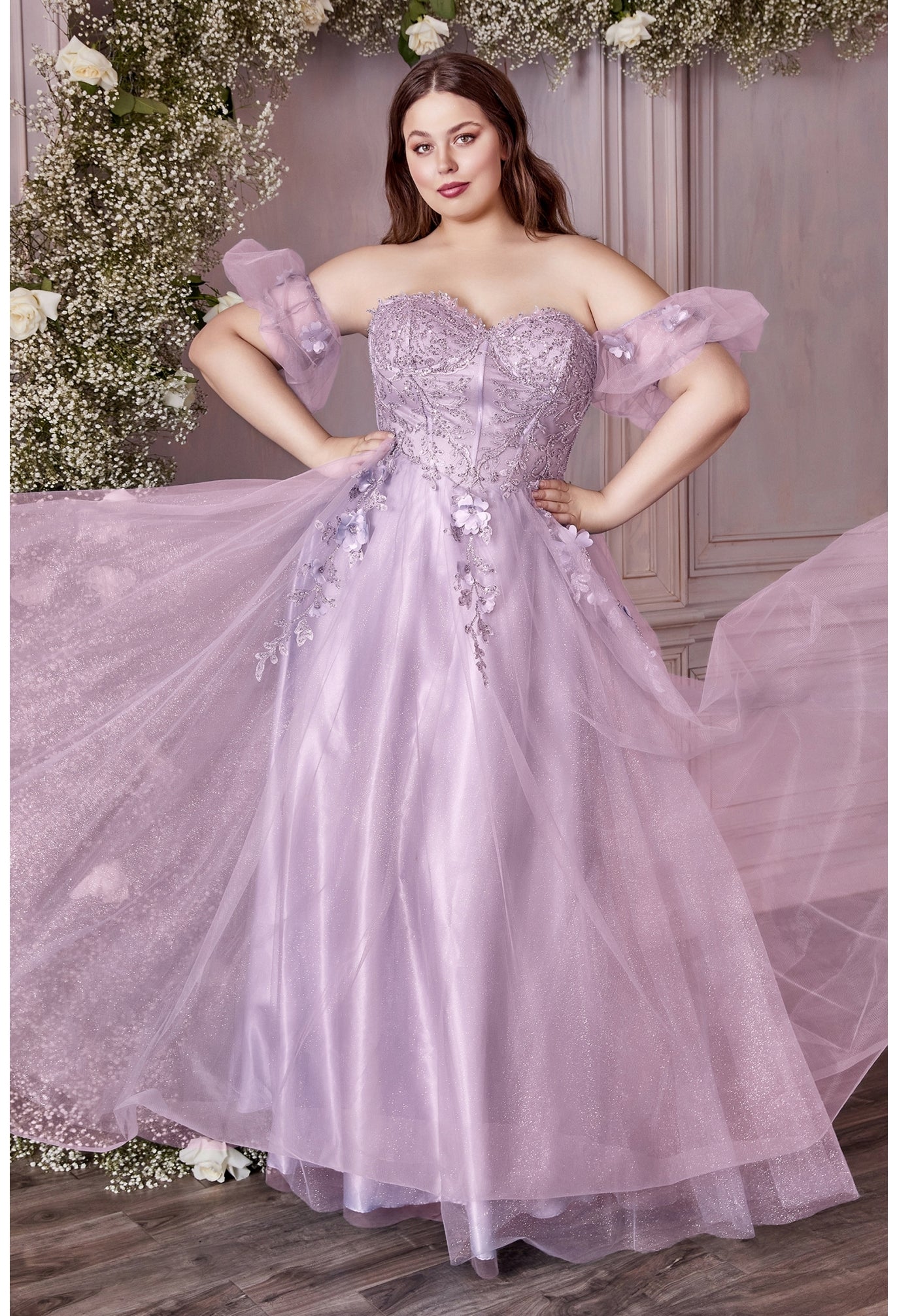 Strapless Glitter Tulle Gown with Puff Sleeve by Cinderella Divine CD0191C- Curves