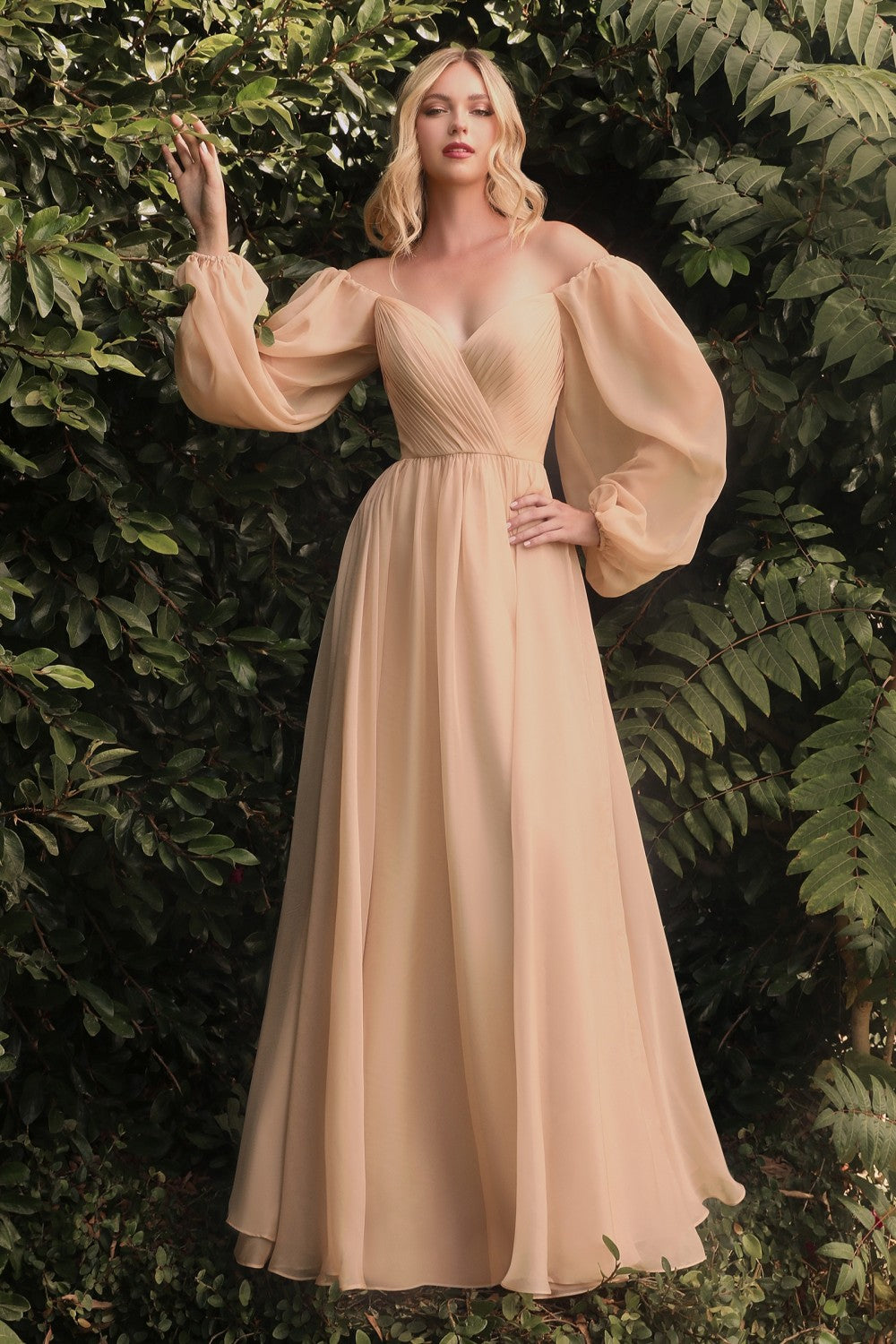 LONG SLEEVE CHIFFON DRESS by Cinderella Divine CD243 - Special Occasion