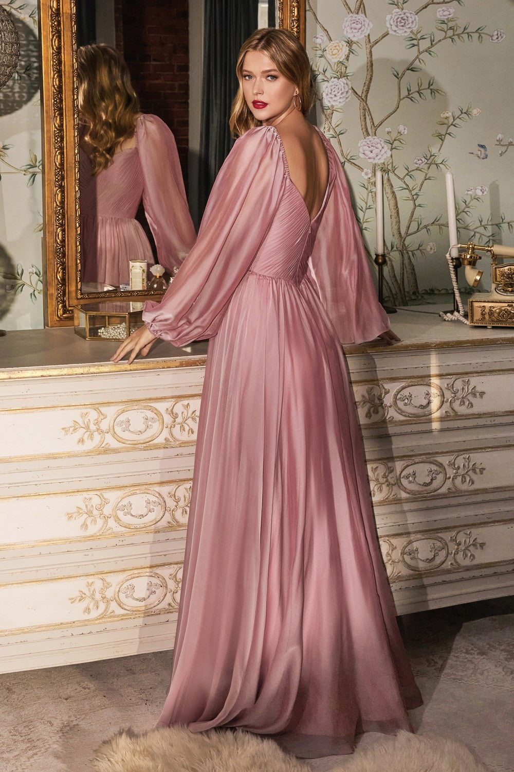 LONG SLEEVE CHIFFON DRESS by Cinderella Divine CD243 - Special Occasion