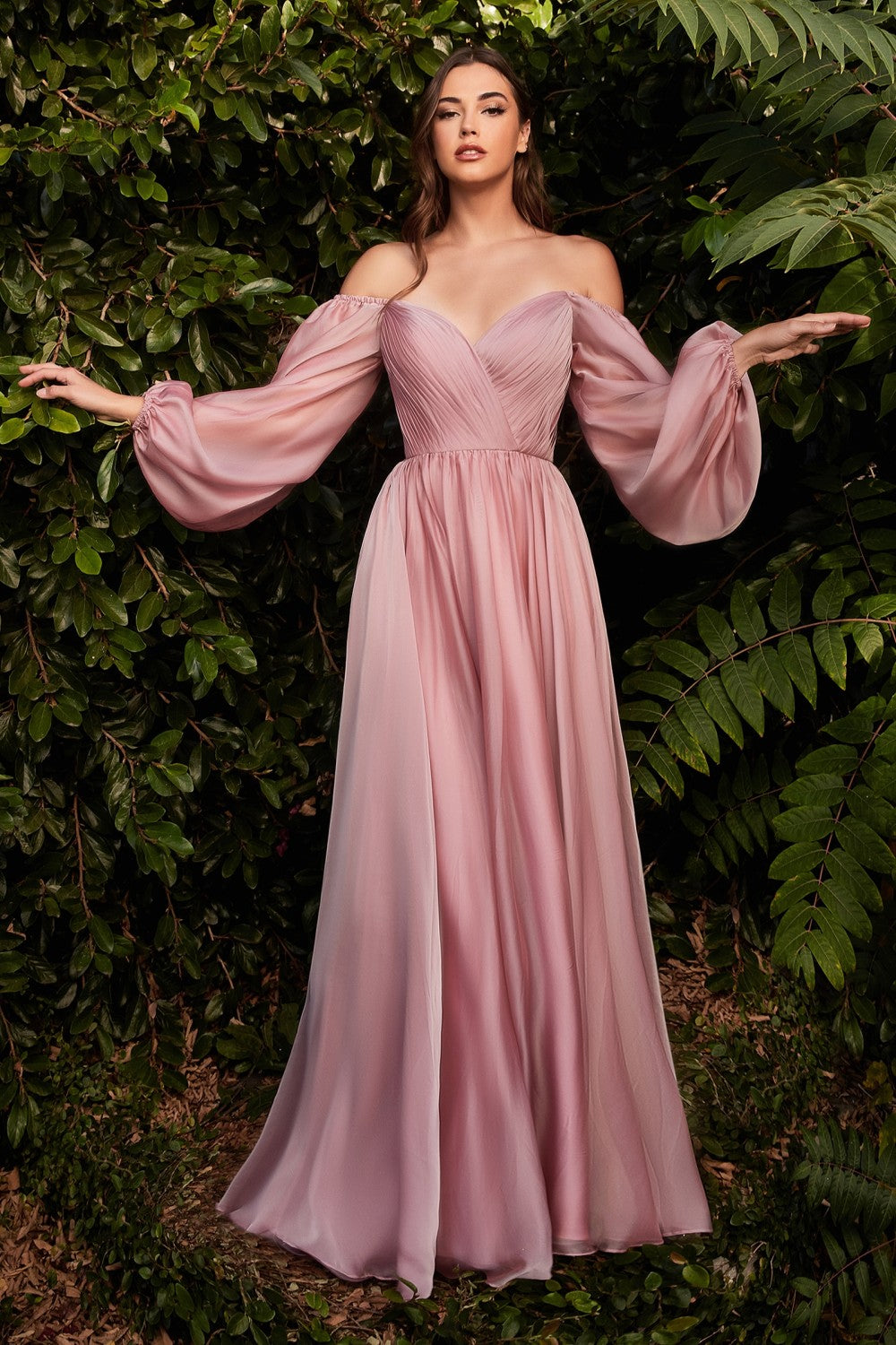 LONG SLEEVE CHIFFON DRESS by Cinderella Divine CD243 - Special Occasion