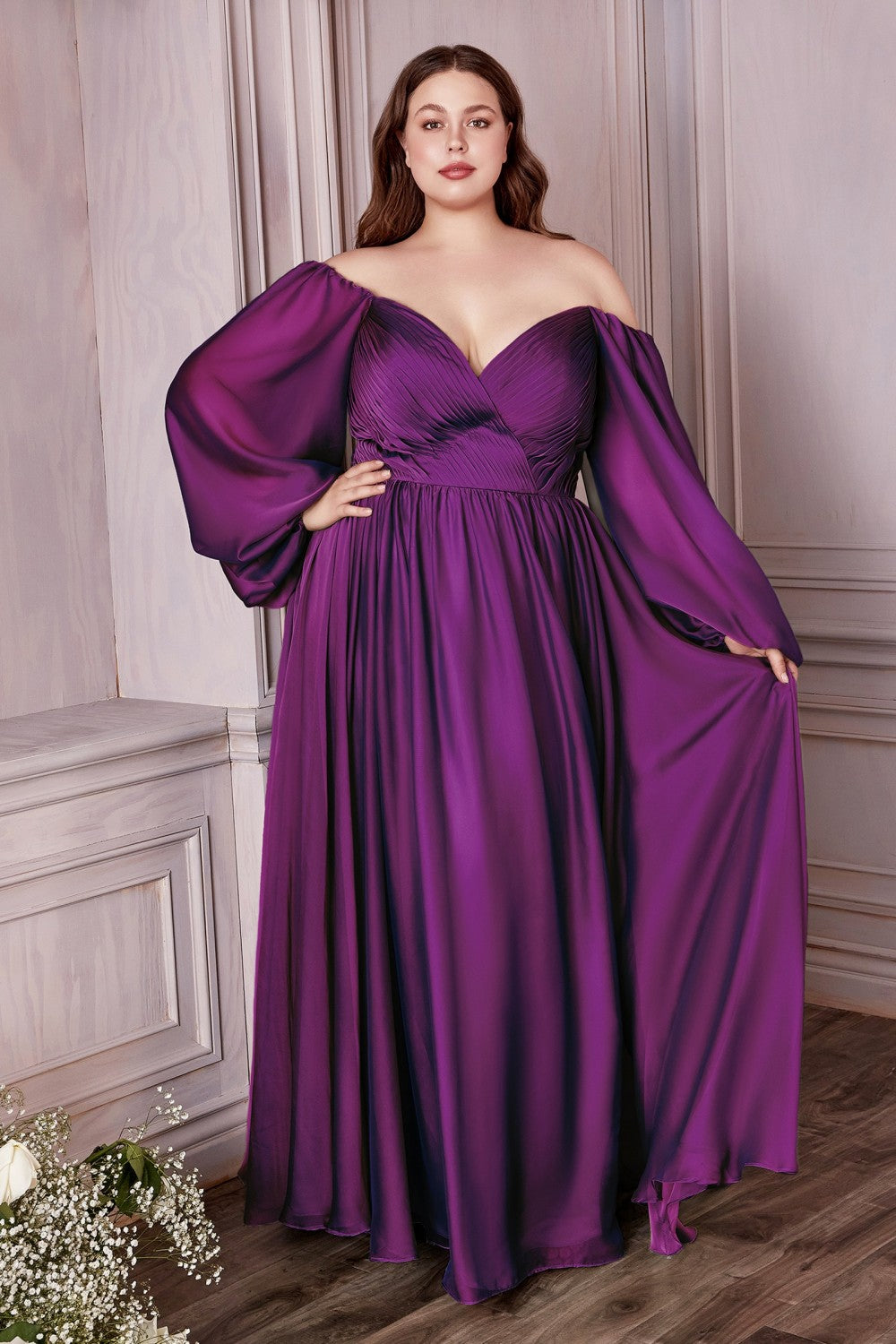 LONG SLEEVE CHIFFON DRESS by Cinderella Divine CD243C - Curves