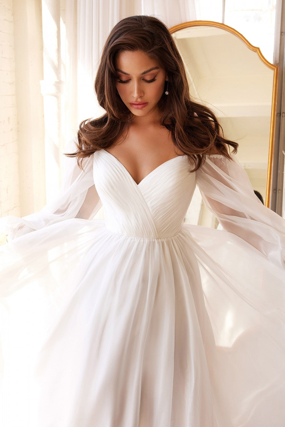 LONG SLEEVE BRIDAL CHIFFON DRESS by Cinderella Divine CD243W