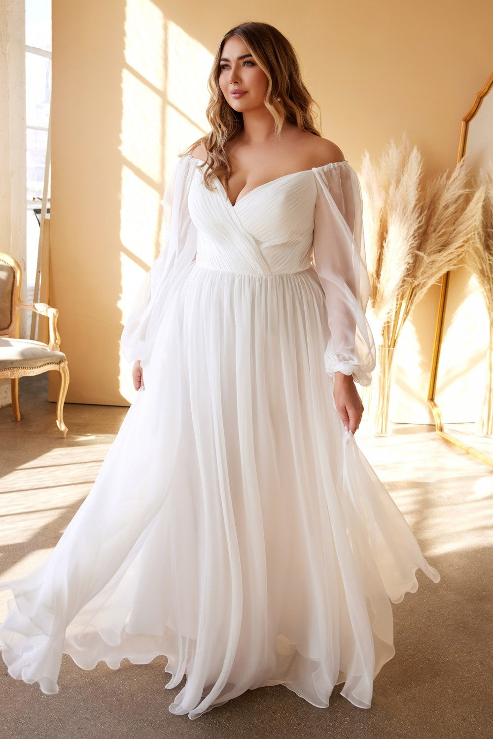 LONG SLEEVE BRIDAL CHIFFON DRESS by Cinderella Divine CD243WC