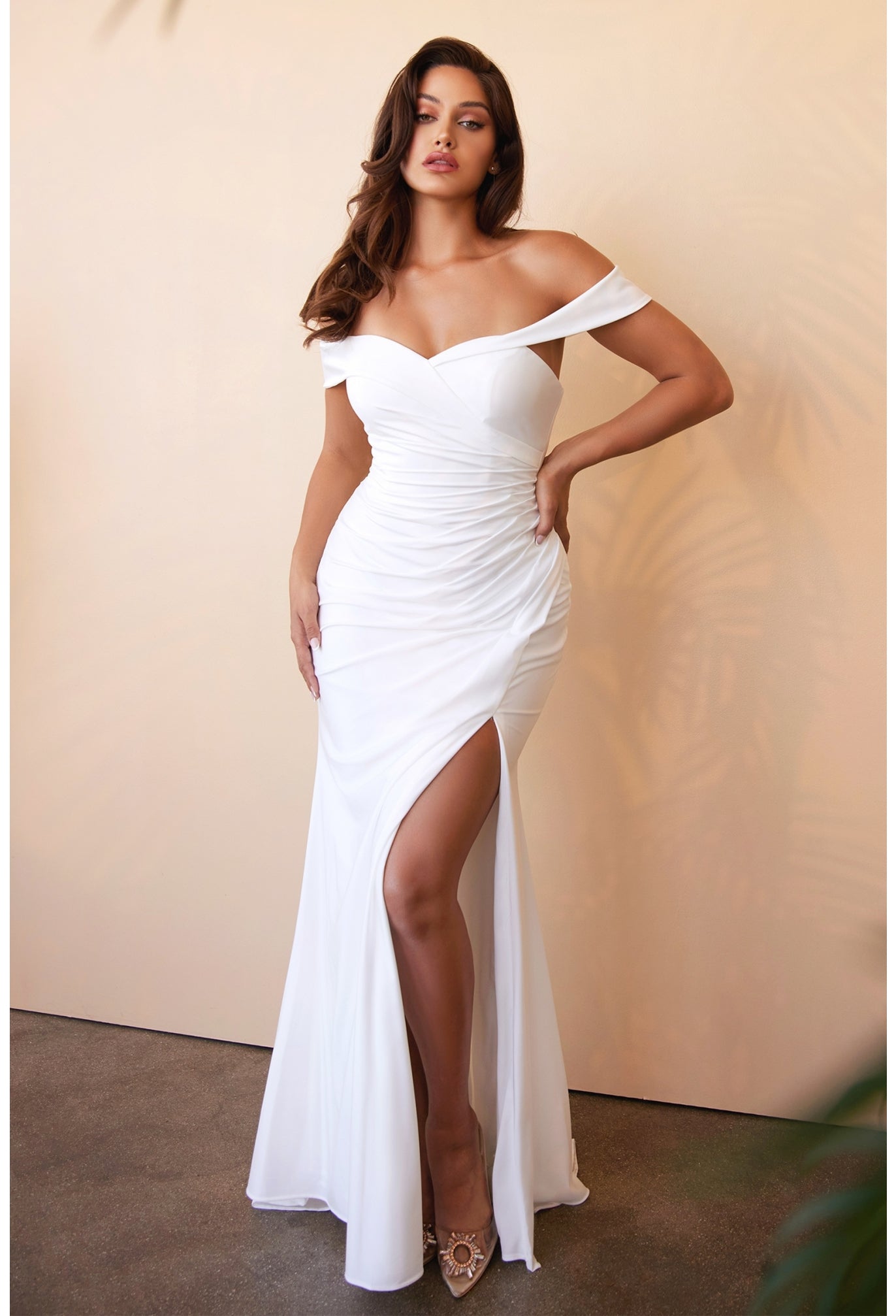 Off the Shoulder Jersey Sheath Slit Bridal Gown Cinderella Divine CD930