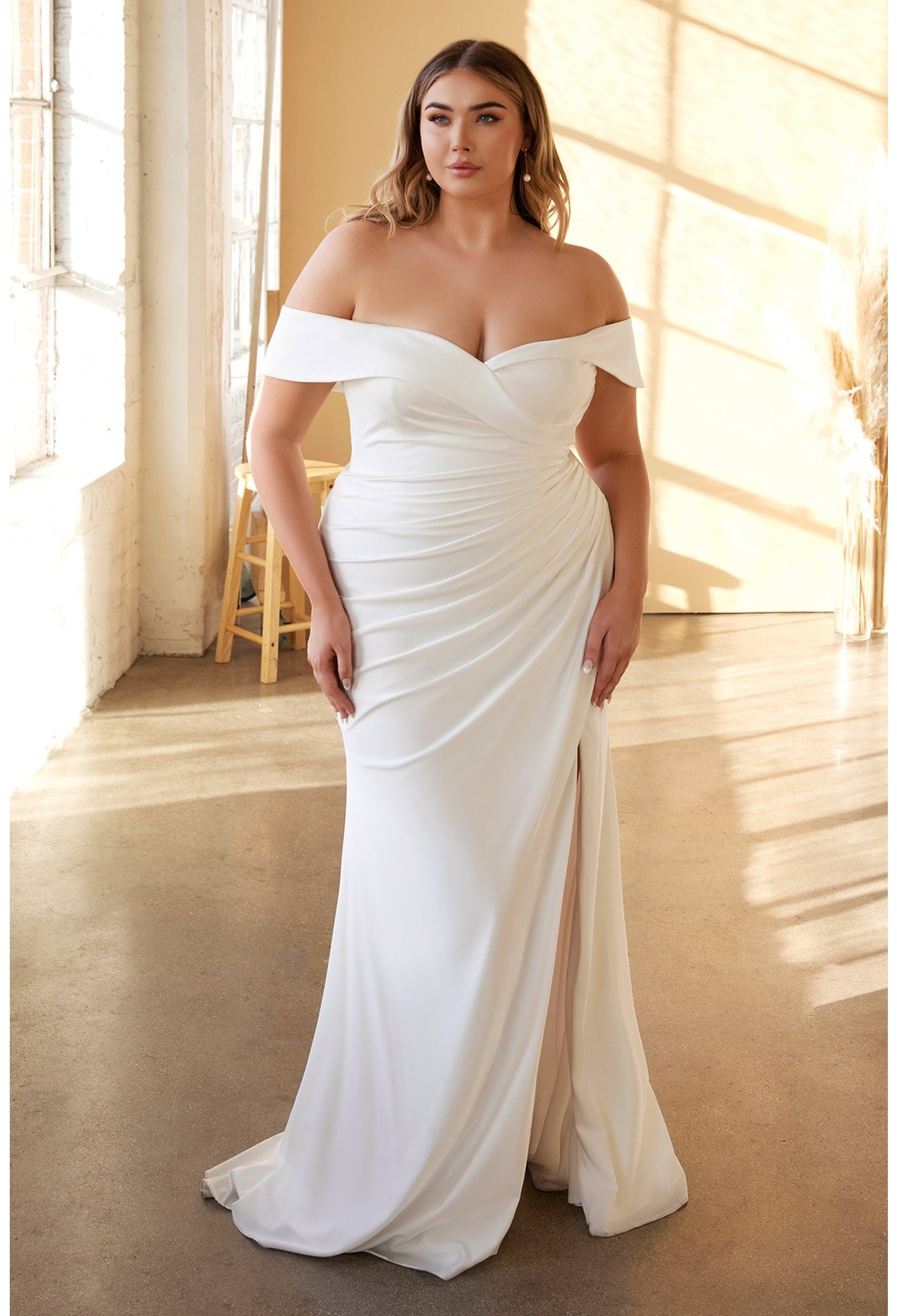 Off the Shoulder Jersey Sheath Slit Bridal Gown Cinderella Divine CD930C