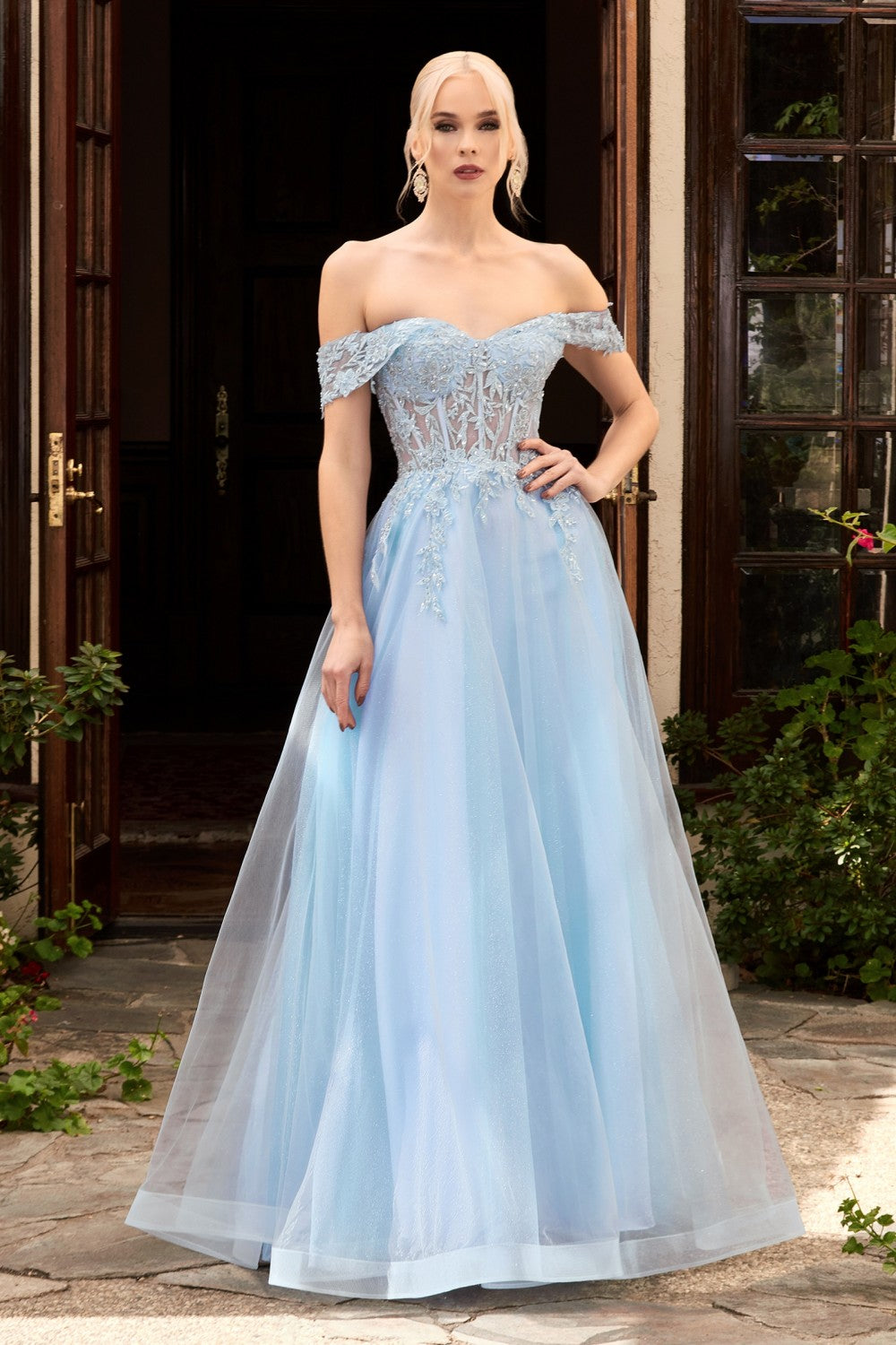 Off the Shoulder Lace Bodice Tulle A-Line Gown by Cinderella Divine CD961 - Special Occasion/Curves